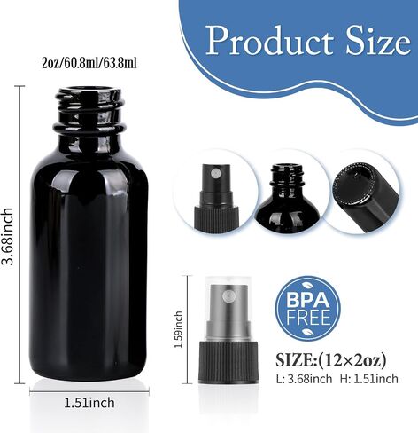 2oz Glass Spray Bottle, Fine Mist Boston Glass Bottles with Black Fine Mist Sprayer Small Clear Bottles for Essential Oils, Bath, Beauty, Hair & Cleaning, Amber, Pack of 24 in Kuwait