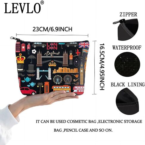 LEVLO London Travel Gift British Theme Cosmetic Bag England Souvenir Gift United Kingdom Make Up Zipper Pouch Bag (London Tote) in Kuwait