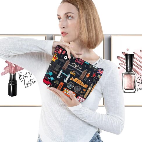 LEVLO London Travel Gift British Theme Cosmetic Bag England Souvenir Gift United Kingdom Make Up Zipper Pouch Bag (London Tote) in Kuwait