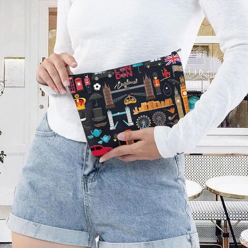 LEVLO London Travel Gift British Theme Cosmetic Bag England Souvenir Gift United Kingdom Make Up Zipper Pouch Bag (London Tote) in Kuwait