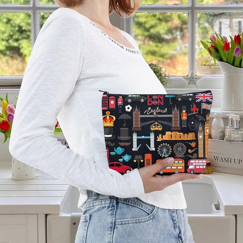 LEVLO London Travel Gift British Theme Cosmetic Bag England Souvenir Gift United Kingdom Make Up Zipper Pouch Bag (London Tote) in Kuwait