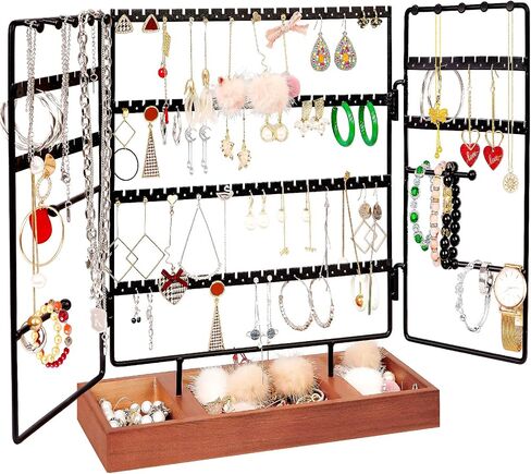 FACULX Jewelry Earring Organizer Stand, 5 Tier Necklace and Bracelet Holder with Wooden Tray Storage Organizers Jewelry Display Stand (Black+ Walnut) in Saudi Arabia