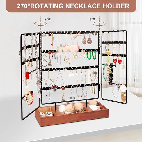 FACULX Jewelry Earring Organizer Stand, 5 Tier Necklace and Bracelet Holder with Wooden Tray Storage Organizers Jewelry Display Stand (Black+ Walnut) in Saudi Arabia