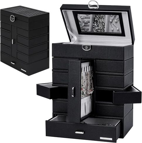 صندوق مجوهرات هومدي مكون من 6 طبقات، 10 أدراج، منظم مجوهرات كبير مع قفل، مرآة للخواتم والأقراط والقلائد والساعات والنظارات الشمسية، هدية للنساء والفتيات (أبيض) in Kuwait