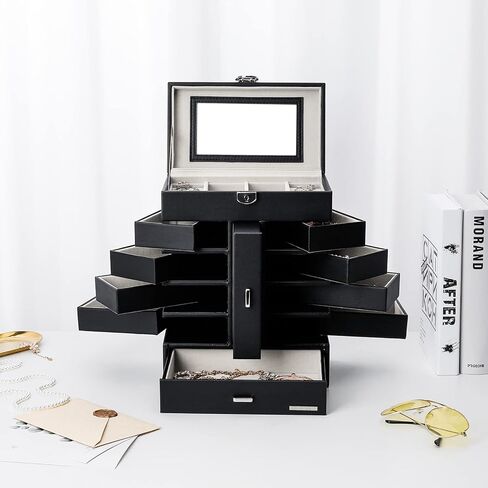 صندوق مجوهرات هومدي مكون من 6 طبقات، 10 أدراج، منظم مجوهرات كبير مع قفل، مرآة للخواتم والأقراط والقلائد والساعات والنظارات الشمسية، هدية للنساء والفتيات (أبيض) in Kuwait