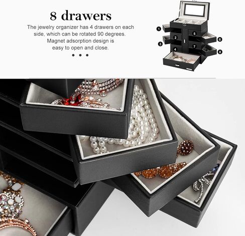 صندوق مجوهرات هومدي مكون من 6 طبقات، 10 أدراج، منظم مجوهرات كبير مع قفل، مرآة للخواتم والأقراط والقلائد والساعات والنظارات الشمسية، هدية للنساء والفتيات (أبيض) in Kuwait