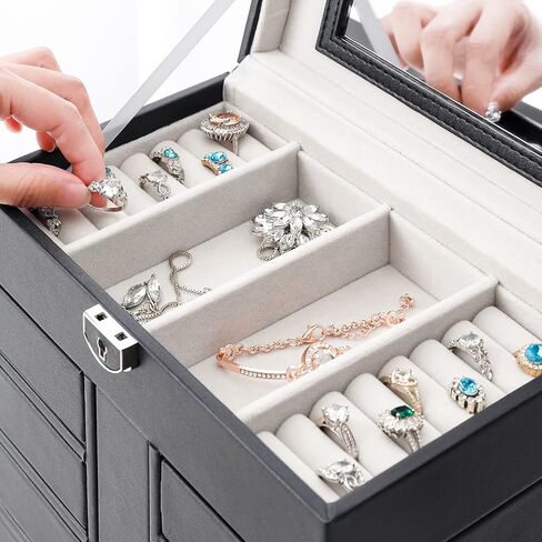 صندوق مجوهرات هومدي مكون من 6 طبقات، 10 أدراج، منظم مجوهرات كبير مع قفل، مرآة للخواتم والأقراط والقلائد والساعات والنظارات الشمسية، هدية للنساء والفتيات (أبيض) in Kuwait