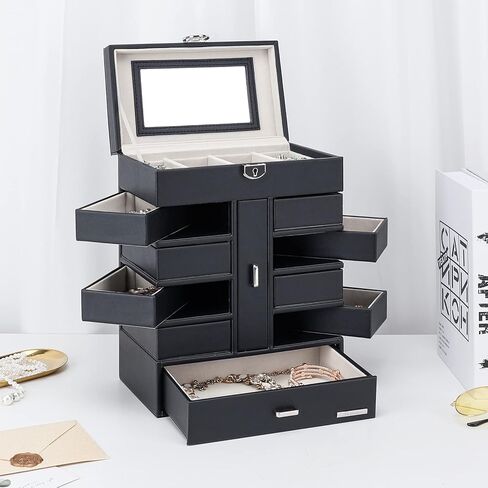 صندوق مجوهرات هومدي مكون من 6 طبقات، 10 أدراج، منظم مجوهرات كبير مع قفل، مرآة للخواتم والأقراط والقلائد والساعات والنظارات الشمسية، هدية للنساء والفتيات (أبيض) in Kuwait