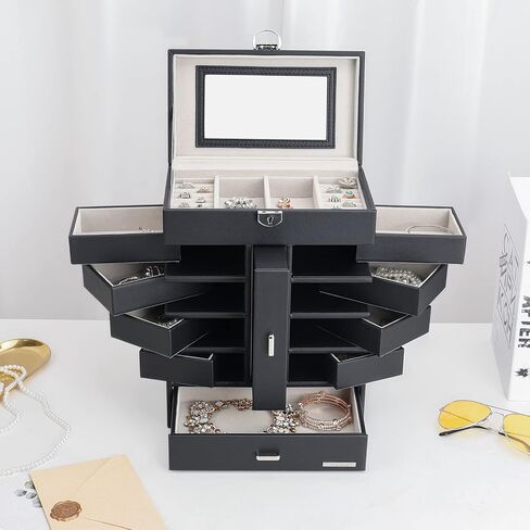 صندوق مجوهرات هومدي مكون من 6 طبقات، 10 أدراج، منظم مجوهرات كبير مع قفل، مرآة للخواتم والأقراط والقلائد والساعات والنظارات الشمسية، هدية للنساء والفتيات (أبيض) in Kuwait