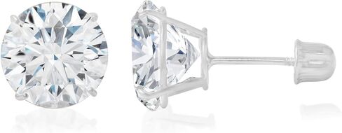 14K Yellow OR White Solid Gold Round Solitaire Cubic Zirconia CZ Stud Earrings Pair in Screw Back - Various Sizes in Kuwait