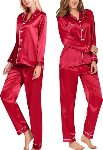 بيجامة VickyBelle للسيدات من الحرير والساتان ملابس نوم مكونة من قطعتين ملابس نوم بأزرار سفلية من Pj in Kuwait