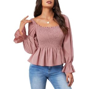 بلايز المرأة عادية كم طويل ساحة الرقبة Smocked كشكش هيم سليم بيبي دول بلوزة قميص الستر S-XXL in Kuwait