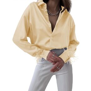 LYANER Women's Satin Silk Collar Button Down Feather Cuff Long Sleeve Blouse Shirt Top