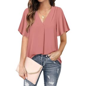 Timeson Women's V Neck Chiffon Blouse Ruffle Sleeve Ladies Work Shirts