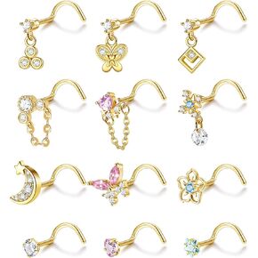 IRONBOX 12 قطعة 20 جرام حلقات الأنف المتدلية للنساء من الفولاذ الجراحي على شكل حرف L حلقات الأنف المسمار للنساء قلب القمر نجمة زهرة الفراشة تشيكوسلوفاكيا المتدلية ثقب الأنف المجوهرات in Kuwait