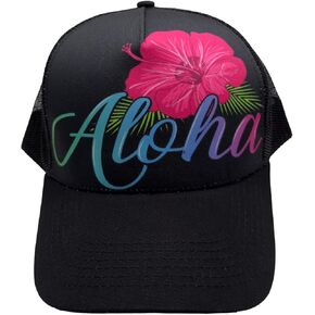 Aloha Designs - Aloha Hat with Colorful Hawaiian Aloha Hibiscus Print For Your Beach -Pool Day Plus You Get 1 Aloha Sticker