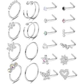 SAILIMUE 22 قطعة 20 جرام حلقات الأنف الأزرار الجراحية حلقات الأنف الفولاذية الأطواق L شكل الأنف ترصيع الأنف ثقب المجوهرات تشيكوسلوفاكيا القلب زهرة الأفعى فراشة الأنف خواتم للنساء الرجال in Kuwait