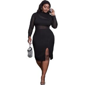 WDIRARA Women's Plus Mock Neck Mesh Long Sleeve Slit Sexy Party Club Bodycon Midi Dress