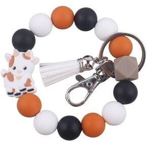 tenghong2021 Cute Highland Cow Keychain Elk Goat Wristlet Cattle Gifts Tassel Key Ring Bead Bracelet for Women Girls