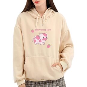 KEEVICI Women's Cartoon Cute Strawberry Cow Print Hoodie Aesthetic Clothes Cotton Long Sleeve Pullover with Pocket