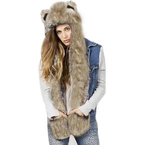 3 in 1 Cartoon Full Animal Faux Fur Hoods with Ear Flaps Scarf Spirit Paws Mittens Gloves Set Halloween Costume