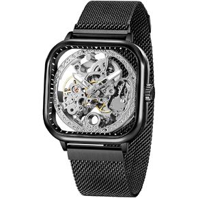 Tiong Fashion Automatic Watches Mechanical Wrist Watch Golden for Mens Skeleton Watches with Stainless Steel Transparent Dial