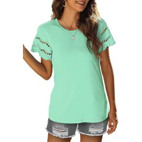 Womens Lace Short Sleeve T Shirts Summer Tops Loose Casual Tee Shirt
