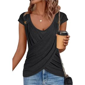 Button Ruffled Criss-Cross Fake Two-Piece T Shirts Blouse for Women Casual Fit Sexy V Neck Shirt Short Sleeve Tunic Tops