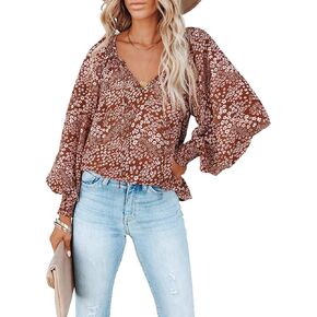 بلوزات حريمي من miduo بأكمام طويلة ورقبة على شكل حرف V مطبوع عليها زهور وبلوزات كاجوال فضفاضة in Kuwait