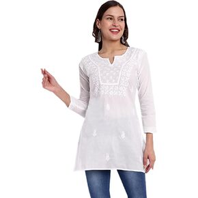 Ada Indian Hand Embroidered Chikankari Cotton Short Top Tunic Kurti Shirt for Women A100555 Black