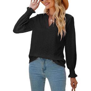 YOPLANET Puff Short Sleeve Tops for Women Eyelet Casual Tops Summer V Neck Dressy Blouses Shirts