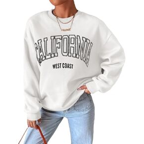 LOFAAC Women Oversized Fleece California Letter Graphic Print Sweatshirt Aesthetic Crew Neck Long Sleeve Pullover Jumper