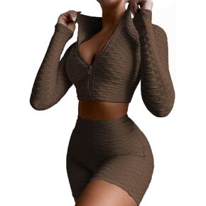 Akmipoem Workout Sets for Women 2 Piece Textured Tracksuits Outfits Long Sleeve Zipper Crop Tops Yoga Shorts Set