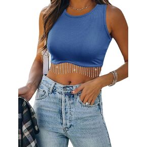 RMCMS Womens Nashville Rhinestone Trim Fringe Sparkly Basic Crew Neck Crop Top Sleeveless Fitted Ribbed Tops