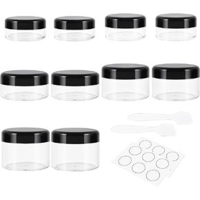GOLACKY 10 Pieces Small Travel Containers, 3/5/10/15/20 Gram Size Travel Containers for Creams, Sample Containers with Screw Lids, 12Pcs Labels/2Pcs Mini Spatulas, Plastic Makeup Containers (Black)