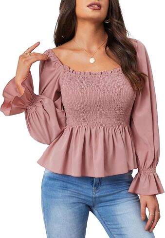 بلايز المرأة عادية كم طويل ساحة الرقبة Smocked كشكش هيم سليم بيبي دول بلوزة قميص الستر S-XXL in Kuwait