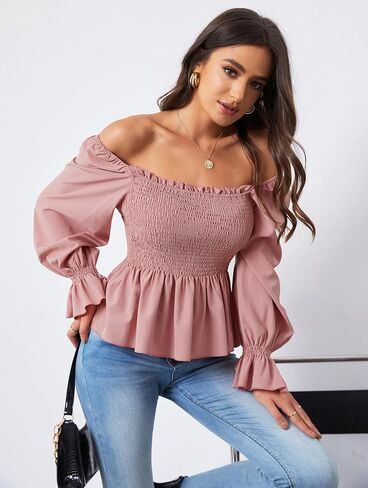 بلايز المرأة عادية كم طويل ساحة الرقبة Smocked كشكش هيم سليم بيبي دول بلوزة قميص الستر S-XXL in Kuwait