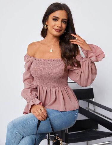 بلايز المرأة عادية كم طويل ساحة الرقبة Smocked كشكش هيم سليم بيبي دول بلوزة قميص الستر S-XXL in Kuwait