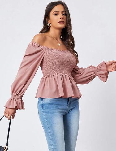 بلايز المرأة عادية كم طويل ساحة الرقبة Smocked كشكش هيم سليم بيبي دول بلوزة قميص الستر S-XXL in Kuwait