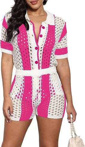 Aladeno ملابس نسائية محبوكة مكونة من قطعتين - مجموعة شورتات وقمصان قصيرة الأكمام متماسكة بألوان متعددة من الكروشيه in Kuwait