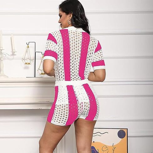 Aladeno ملابس نسائية محبوكة مكونة من قطعتين - مجموعة شورتات وقمصان قصيرة الأكمام متماسكة بألوان متعددة من الكروشيه in Kuwait
