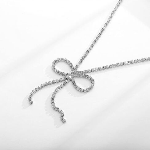 FAMARINE Silver Plated Bow Necklace for Women Simple Cubic Zirconia Silver Bow Neckace for Women Gift in Kuwait