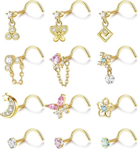 IRONBOX 12 قطعة 20 جرام حلقات الأنف المتدلية للنساء من الفولاذ الجراحي على شكل حرف L حلقات الأنف المسمار للنساء قلب القمر نجمة زهرة الفراشة تشيكوسلوفاكيا المتدلية ثقب الأنف المجوهرات in Kuwait