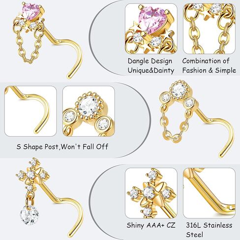 IRONBOX 12 قطعة 20 جرام حلقات الأنف المتدلية للنساء من الفولاذ الجراحي على شكل حرف L حلقات الأنف المسمار للنساء قلب القمر نجمة زهرة الفراشة تشيكوسلوفاكيا المتدلية ثقب الأنف المجوهرات in Kuwait