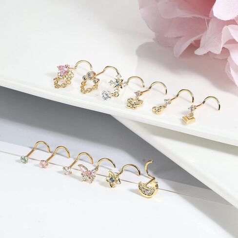 IRONBOX 12 قطعة 20 جرام حلقات الأنف المتدلية للنساء من الفولاذ الجراحي على شكل حرف L حلقات الأنف المسمار للنساء قلب القمر نجمة زهرة الفراشة تشيكوسلوفاكيا المتدلية ثقب الأنف المجوهرات in Kuwait