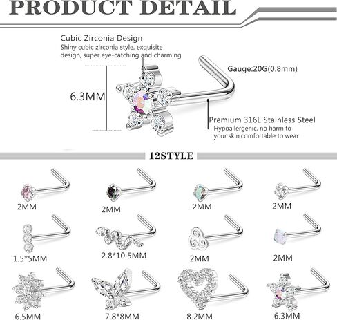 SAILIMUE 22 قطعة 20 جرام حلقات الأنف الأزرار الجراحية حلقات الأنف الفولاذية الأطواق L شكل الأنف ترصيع الأنف ثقب المجوهرات تشيكوسلوفاكيا القلب زهرة الأفعى فراشة الأنف خواتم للنساء الرجال in Kuwait