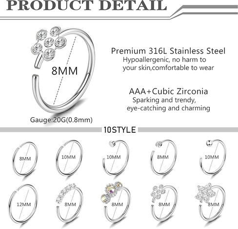 SAILIMUE 22 قطعة 20 جرام حلقات الأنف الأزرار الجراحية حلقات الأنف الفولاذية الأطواق L شكل الأنف ترصيع الأنف ثقب المجوهرات تشيكوسلوفاكيا القلب زهرة الأفعى فراشة الأنف خواتم للنساء الرجال in Kuwait
