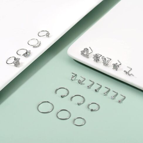 SAILIMUE 22 قطعة 20 جرام حلقات الأنف الأزرار الجراحية حلقات الأنف الفولاذية الأطواق L شكل الأنف ترصيع الأنف ثقب المجوهرات تشيكوسلوفاكيا القلب زهرة الأفعى فراشة الأنف خواتم للنساء الرجال in Kuwait