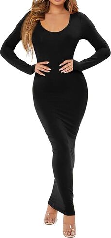 Verdusa Women's Solid Long Sleeve Scoop Neck Pencil Bodycon Maxi Dress in Saudi Arabia