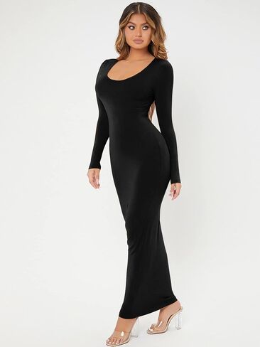Verdusa Women's Solid Long Sleeve Scoop Neck Pencil Bodycon Maxi Dress in Saudi Arabia